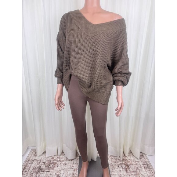 Zenana Plus Size Two Piece V-Neck Sweater & Legging Set Brown - Picture 3 of 11